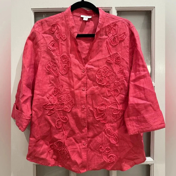 Charter Club Embosed 100% Linen Pink Blouse Size 14P Petite Floral Embroidered - Picture 1 of 9